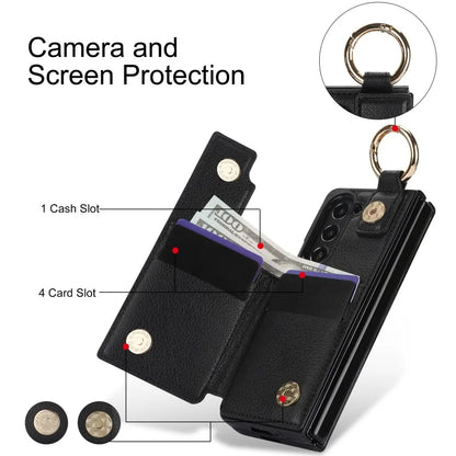 Ring Leather Zipper Wallet Card Slot Phone Case for Samsung Galaxy Z Fold 7 6 5 4 3 Shock Proof Flip Purse Holder Cover Hoesje
