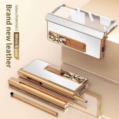 Coque With S Pen Plating Leather Case For Samsung Galaxy Z Fold 7 6 5 4 360 Full Protection Tempered Glass Kickstand Phone Cover