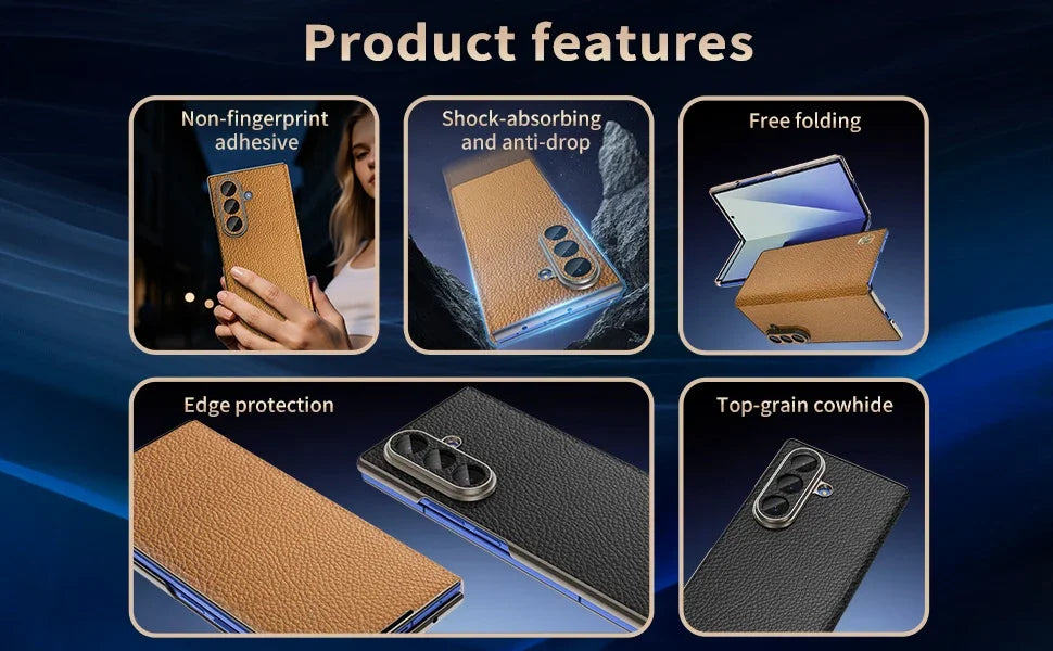 Genuine Cowhide Leather Phone Case for Samsung Galaxy Z Fold 7 Fold6 5 W24 W25 Fine Hole Lens Bumper Magnetic Suction Edge Cover