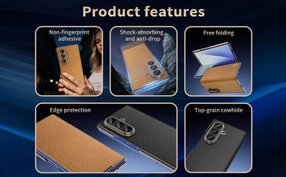 Genuine Cowhide Leather Phone Case for Samsung Galaxy Z Fold 7 Fold6 5 W24 W25 Fine Hole Lens Bumper Magnetic Suction Edge Cover