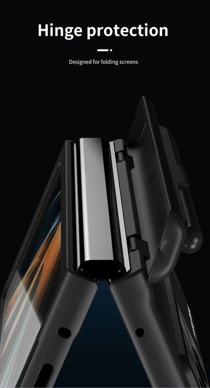 With Touch Pen Case For Samsung Galaxy Z Fold 5 Leather Hinge Fold 6 4 3 Screen Protector Tempered Film Folding Kickstand Cover