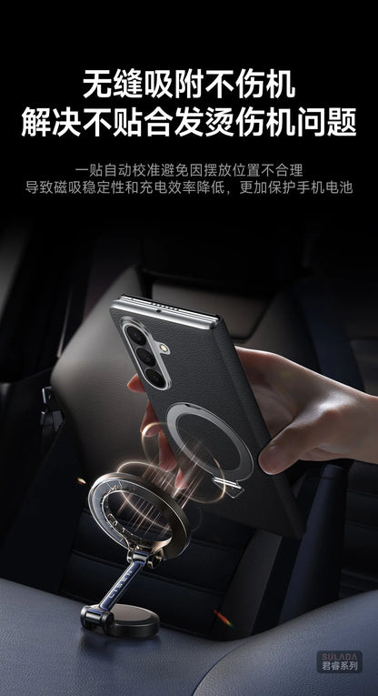 Genuine Cowhide Leather Phone Case for Samsung Galaxy Z Fold 7 Fold7 Wireless Charging Magnetic Attraction Bracket Flip Cover