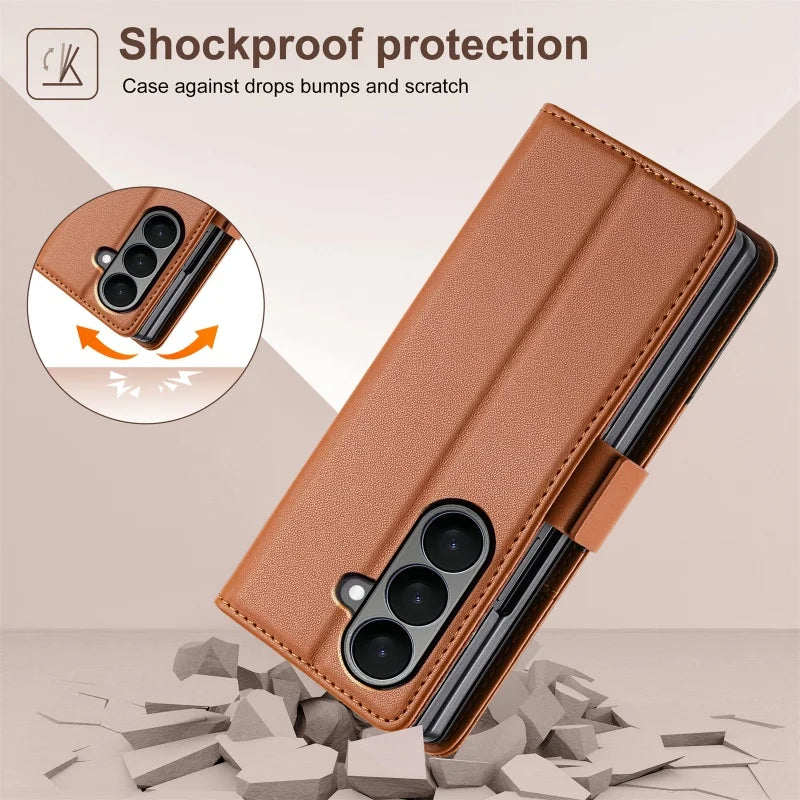 Luxury Magnetic Anti-theft Brush Leather Wallet Card Slot Phone Case for Samsung Galaxy Z Fold 7 6 5 4 3 Purse Holder Cover Etui