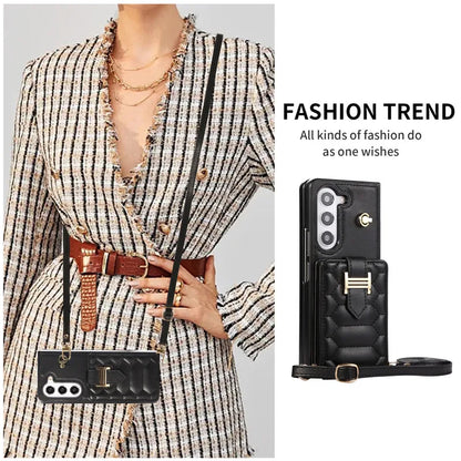 Crossbody Lanyard Leather Phone Case for Samsung Galaxy Z Fold 6 5 4 3 Fold6 Fold5 Fold4 Fold3 Wrist Rope Wallet Card Cover Etui