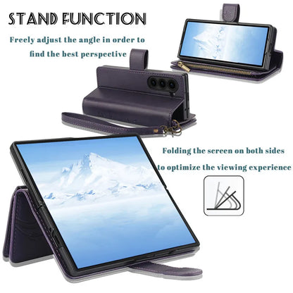 Lanyard Leather Zipper Wallet Multi Card Phone Case for Samsung Galaxy Z Fold 7 6 5 4 3 Fold6 Fold5 Fold4 Fold3 Flip Stand Cover