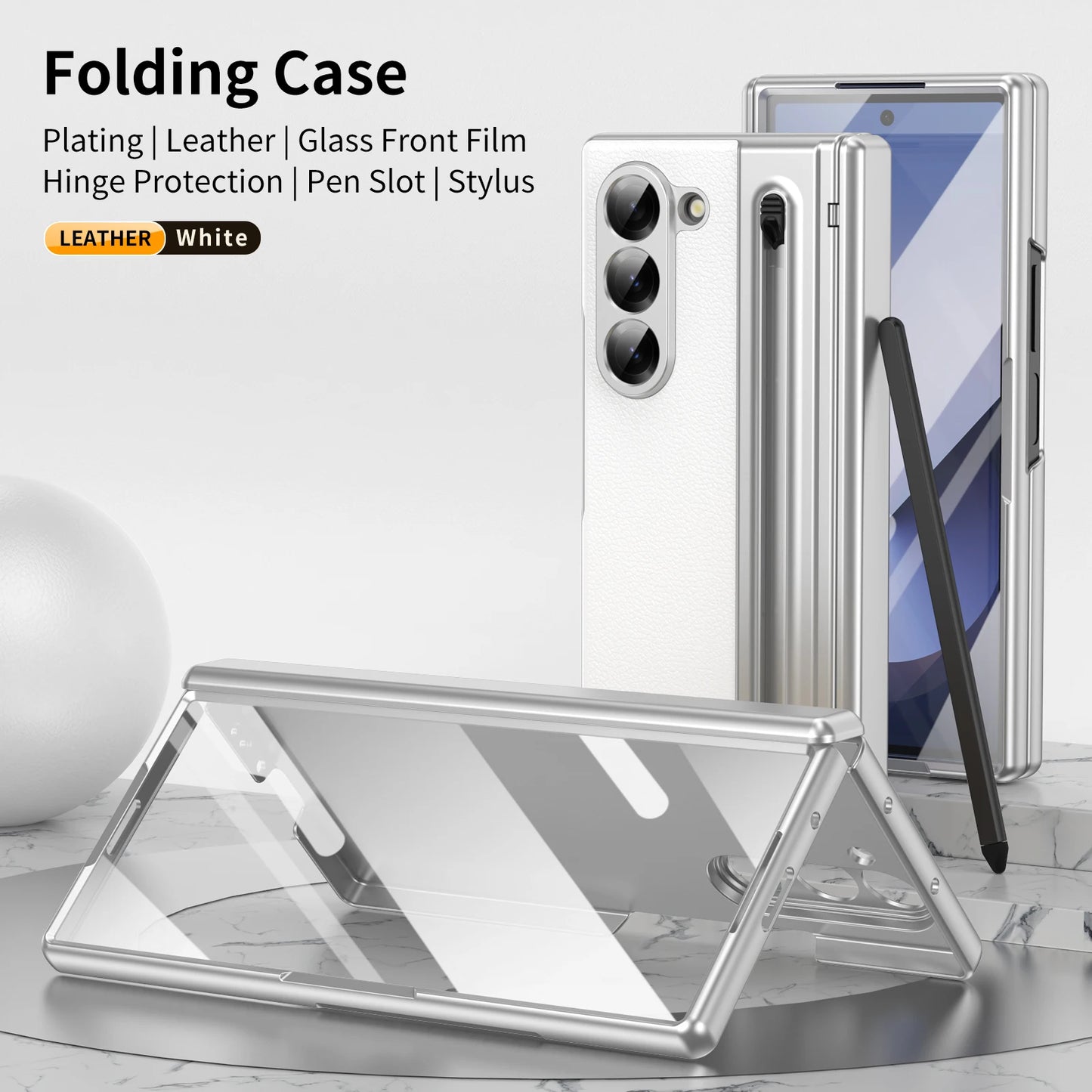 VIETAO For Samsung Galaxy Z Fold 7 Leather Phone Case With Hinge Protection, Z Fold 6 Case With Front Screen Film Protector+Pen