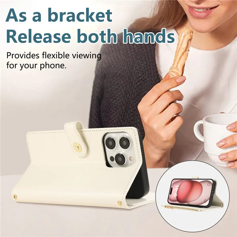 Crossbody Lanyard Leather Zip Wallet Card Slot Phone Case for Samsung Galaxy Z Fold 7 6 5 4 3 Wrist Strap Flip Stand Cover Etui