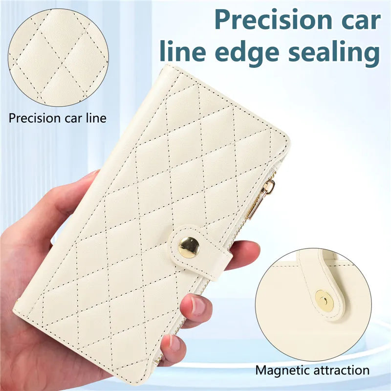 Crossbody Lanyard Leather Zip Wallet Card Slot Phone Case for Samsung Galaxy Z Fold 7 6 5 4 3 Wrist Strap Flip Stand Cover Etui