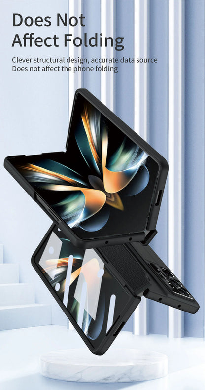 For Samsung Galaxy Z Fold 7 6 5 4 5G With Screen Protect Glass Film Luxury Leather One-Piece Plating Stand Hinge Shockproof Case