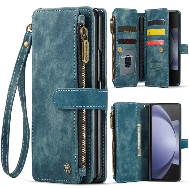 Luxury Lanyard Leather Zipper Wallet Card Phone Case For Samsung Galaxy Z Fold 7 6 5 4 Fold6 Fold5 Fold4 Purse Flip Stand Cover