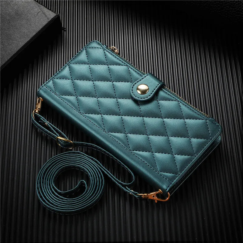 Crossbody Lanyard Leather Zip Wallet Card Slot Phone Case for Samsung Galaxy Z Fold 7 6 5 4 3 Wrist Strap Flip Stand Cover Etui