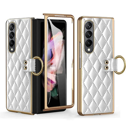 Leather Case with Ring Screen Protector for Samsung Galaxy Z, Fold 5, 6, 7 Z Fold 3, 4, Luxury Phone Case, Plating, Woman, Girl