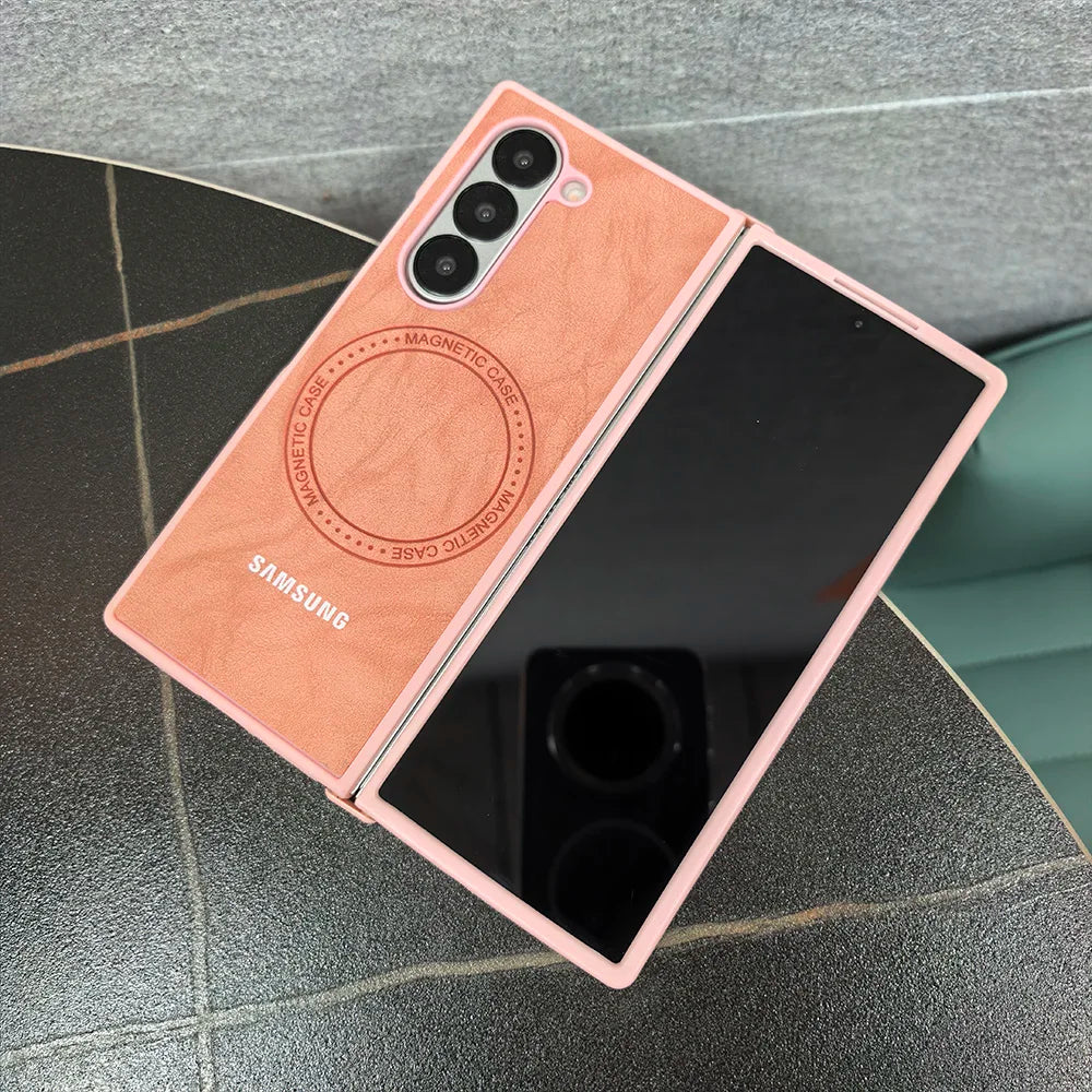 Magnetic Sheepskin Leather Case For Samsung Galaxy Z Fold 3 4 5 6 7 For Magsafe Wireless Charging Hard PC Protective Cover