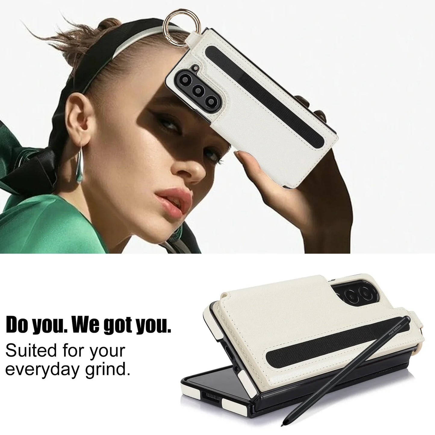 Fold7 Ring&Pen Slot Pu Leather Phone Case for Samsung Galaxy Z Fold 7 6 5 4 3 Metal Double Buckle Flip Card Holder Wallet Cover