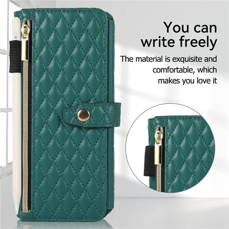 Luxury Lanyard Leather Flip Stand Phone Case for Samsung Galaxy Z Fold 7 6 5 4 3 Fold6 Fold5 Fold3 Fold4 Zip Wallet Card Cover