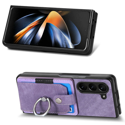 Z Fold 7 Retro Pu Leather Phone Case for Samsung Galaxy Z Fold 6 5 4 3 Magnetic Hardware Ring&buckle Card Slot Bag Bracket Cover