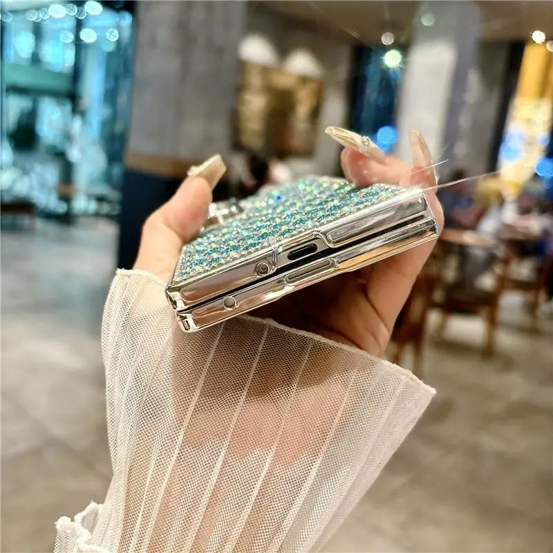 Glitter Bling Plaid Diamond Phone Case For Samsung Galaxy Z Fold 7 Fold6 ZFold 5 4 Luxury Rhinestone High-end Plating Hard Cover