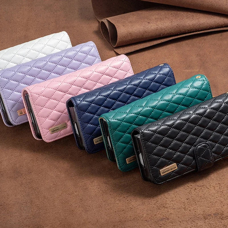 Luxury Lanyard Zipper Wallet Card Slot Phone Case For Samsung Galaxy Z Fold 7 6 5 4 3 Fold6 Fold5 Fold4 Leather Flip Stand Cover