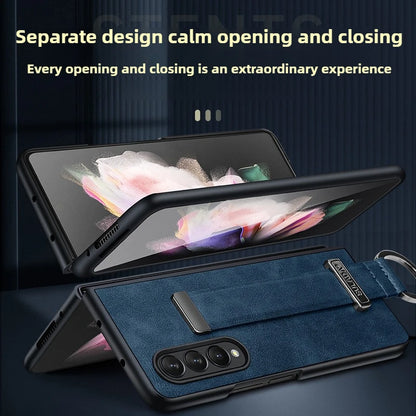 High-end Cowide Leather Mobile Phone Case for Samsung Galaxy Z Fold 7 Fold6 5 4 3 Wristband Holder Camera Protection Back Cover