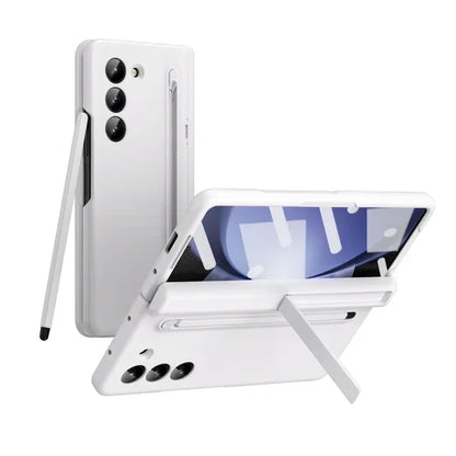 With Touch Pen Case For Samsung Galaxy Z Fold 5 Leather Hinge Fold 6 4 3 Screen Protector Tempered Film Folding Kickstand Cover