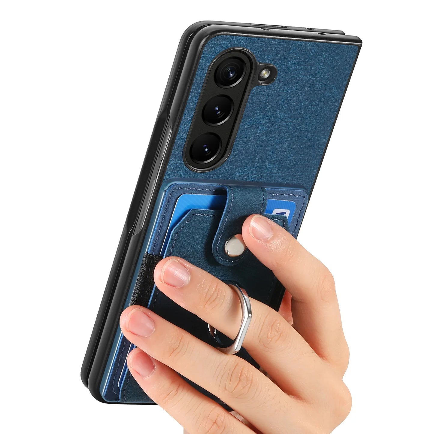 Z Fold 7 Retro Pu Leather Phone Case for Samsung Galaxy Z Fold 6 5 4 3 Magnetic Hardware Ring&buckle Card Slot Bag Bracket Cover