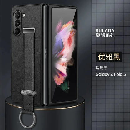 High-end Cowide Leather Mobile Phone Case for Samsung Galaxy Z Fold 7 Fold6 5 4 3 Wristband Holder Camera Protection Back Cover
