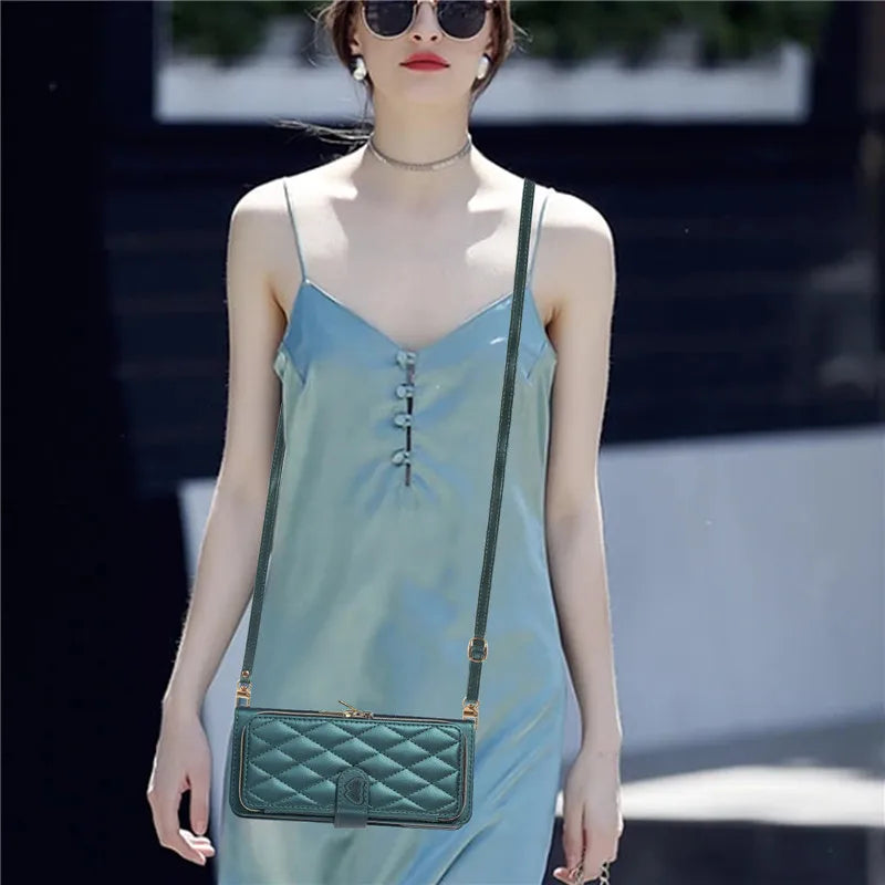 Crossbody Lanyard Zip Leather Wallet Card Phone Case for Samsung Galaxy Z Fold 7 6 5 4 3 Luxury Wrist Rope Flip Stand Cover Bag