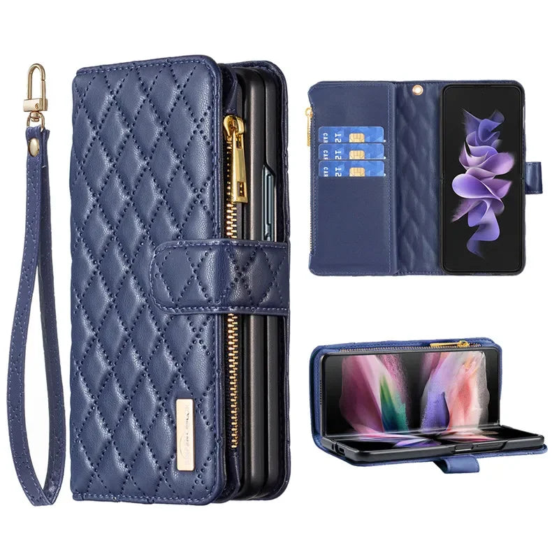Luxury Lanyard Zipper Wallet Card Slot Phone Case For Samsung Galaxy Z Fold 7 6 5 4 3 Fold6 Fold5 Fold4 Leather Flip Stand Cover