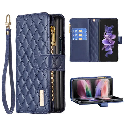 Luxury Lanyard Zipper Wallet Card Slot Phone Case For Samsung Galaxy Z Fold 7 6 5 4 3 Fold6 Fold5 Fold4 Leather Flip Stand Cover