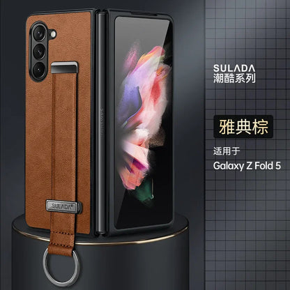 High-end Cowide Leather Mobile Phone Case for Samsung Galaxy Z Fold 7 Fold6 5 4 3 Wristband Holder Camera Protection Back Cover