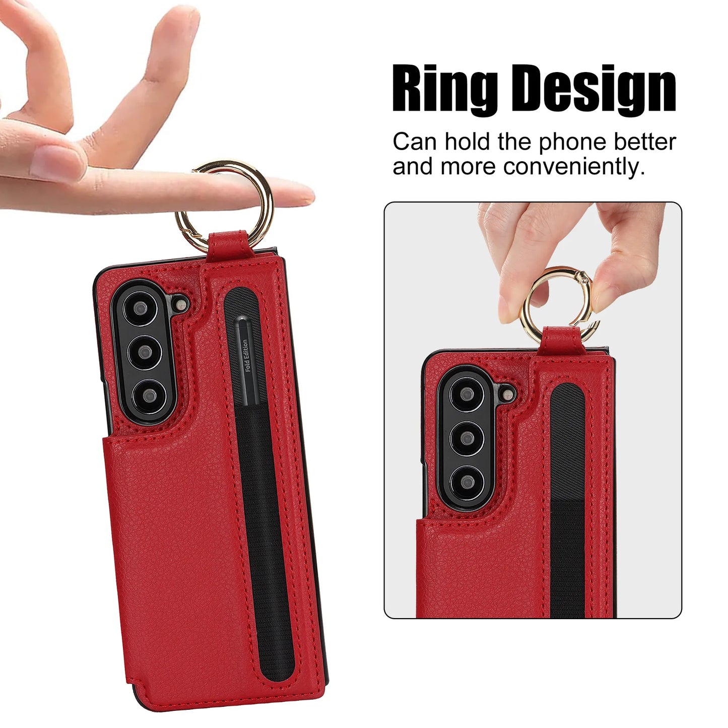 Fold7 Ring&Pen Slot Pu Leather Phone Case for Samsung Galaxy Z Fold 7 6 5 4 3 Metal Double Buckle Flip Card Holder Wallet Cover