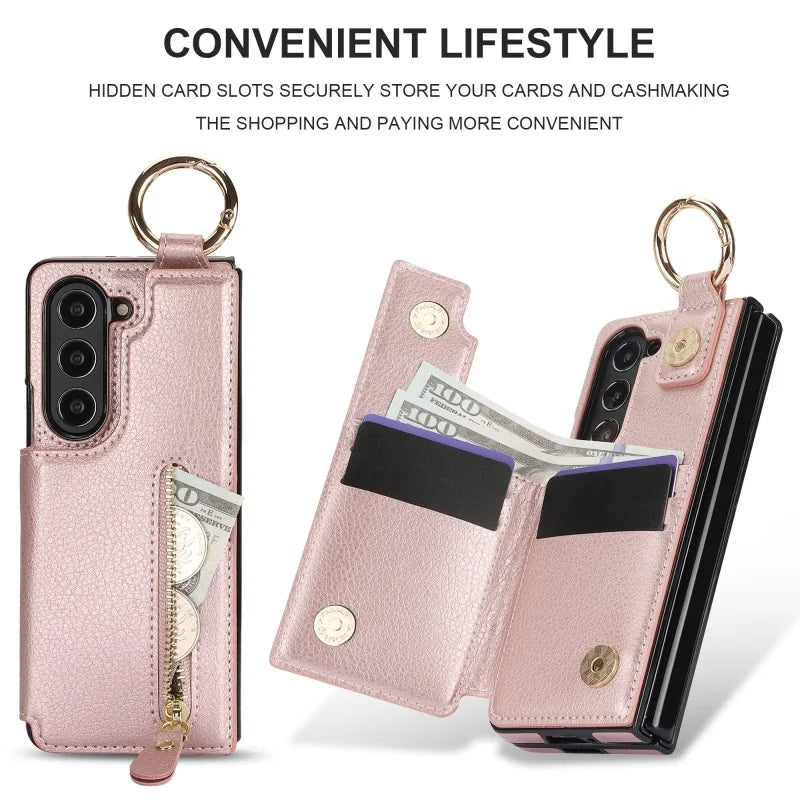 Ring Leather Zipper Wallet Card Slot Phone Case for Samsung Galaxy Z Fold 7 6 5 4 3 Shock Proof Flip Purse Holder Cover Hoesje