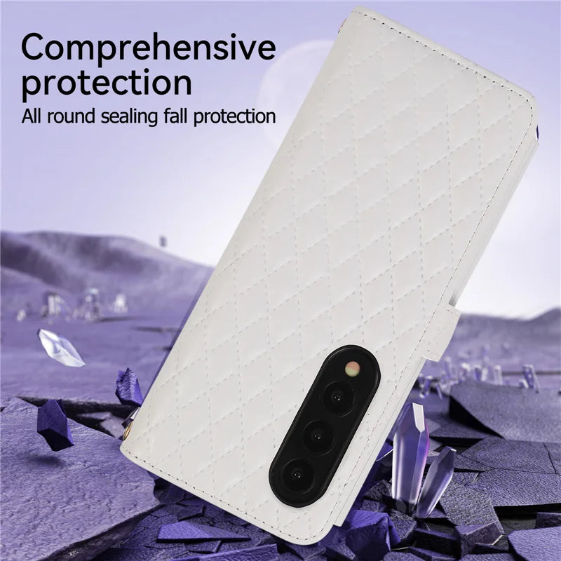 Luxury Lanyard Leather Flip Stand Phone Case for Samsung Galaxy Z Fold 7 6 5 4 3 Fold6 Fold5 Fold3 Fold4 Zip Wallet Card Cover