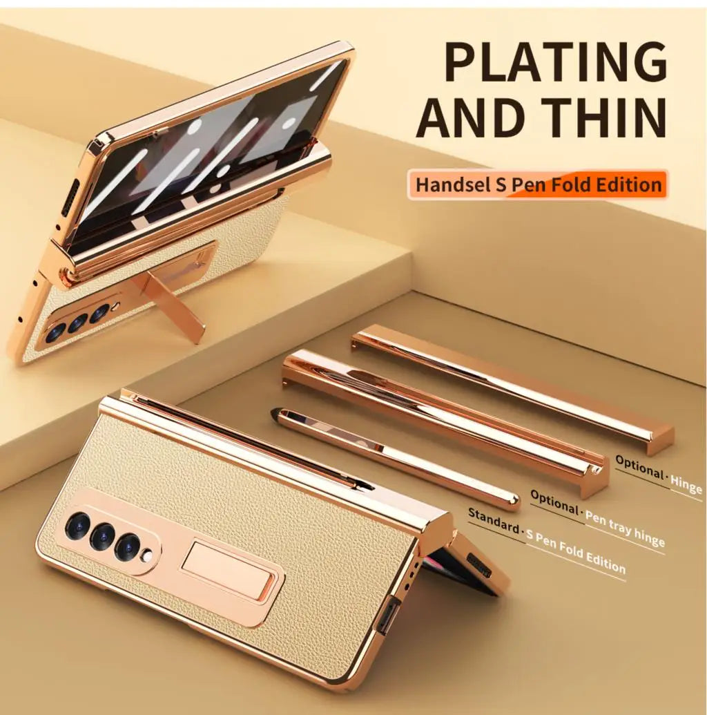 Coque With S Pen Plating Leather Case For Samsung Galaxy Z Fold 7 6 5 4 360 Full Protection Tempered Glass Kickstand Phone Cover