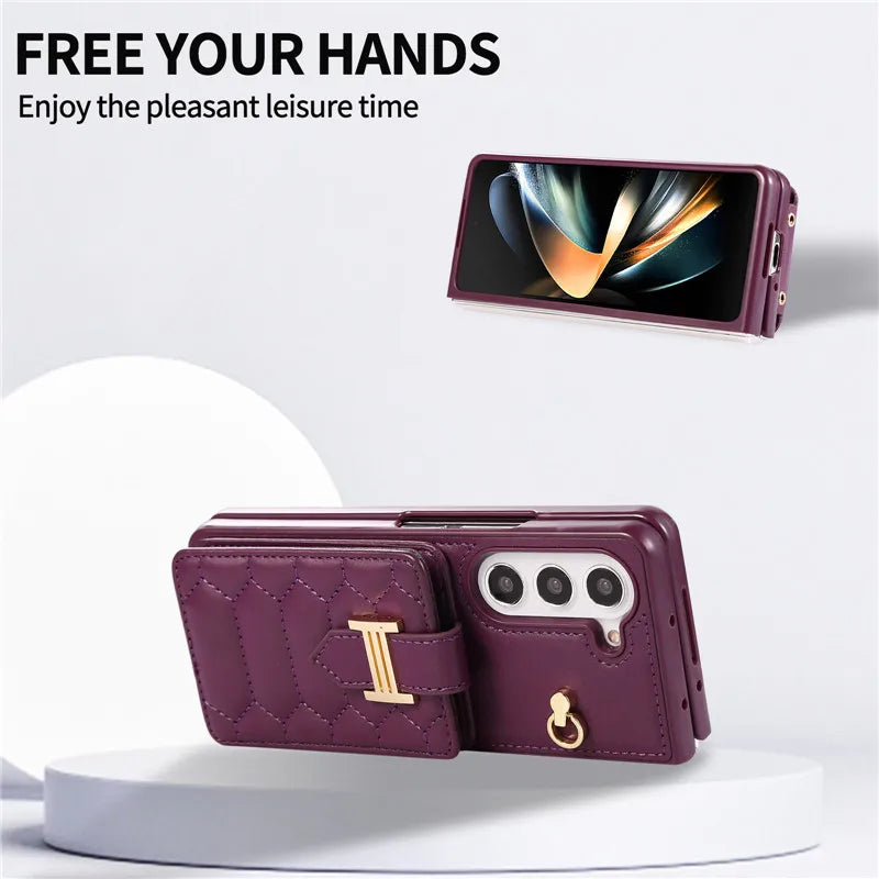 Crossbody Lanyard Leather Phone Case for Samsung Galaxy Z Fold 6 5 4 3 Fold6 Fold5 Fold4 Fold3 Wrist Rope Wallet Card Cover Etui