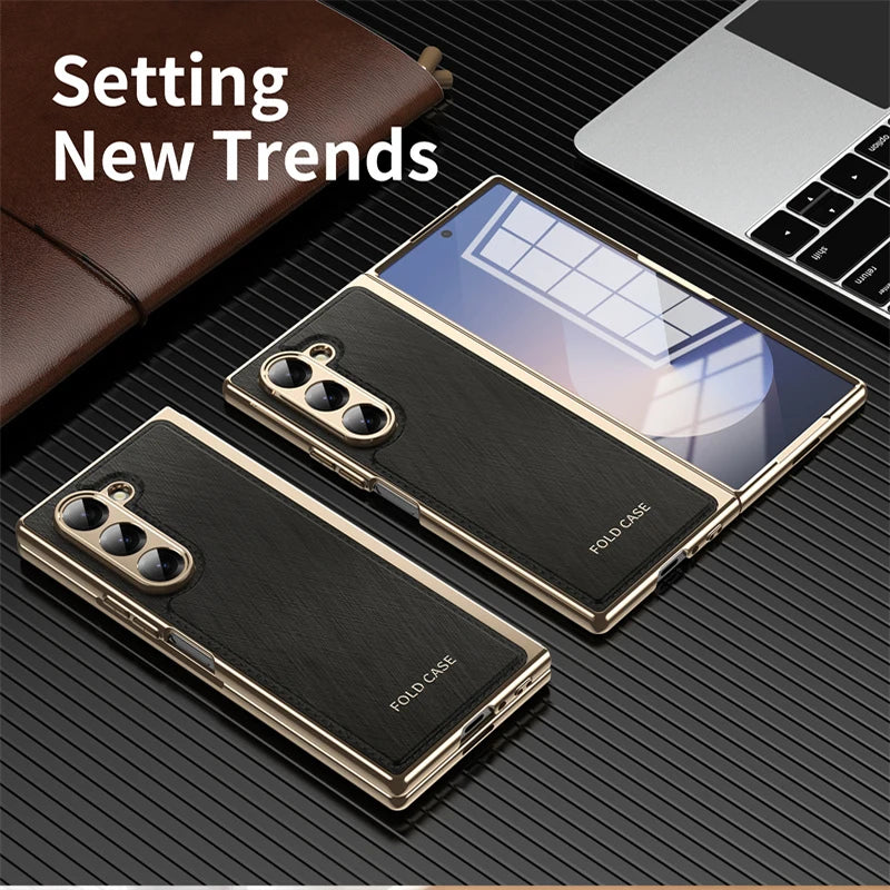 For Samsung Galaxy Z Fold 6 4 5 3 5G Case Ultra-Thin Leather Pattern All Inclusive Folding Screen Glass Film for Galaxy Z Fold6