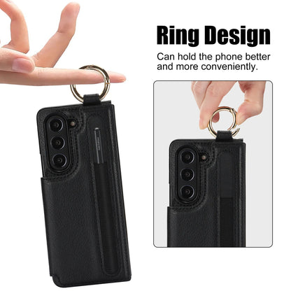 Fold7 Ring&Pen Slot Pu Leather Phone Case for Samsung Galaxy Z Fold 7 6 5 4 3 Metal Double Buckle Flip Card Holder Wallet Cover