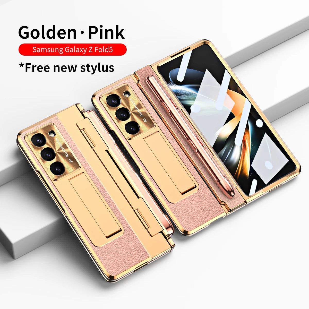 Coque With S Pen Plating Leather Case For Samsung Galaxy Z Fold 7 6 5 4 360 Full Protection Tempered Glass Kickstand Phone Cover