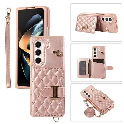 Crossbody Lanyard Leather Wallet Card Phone Case for Samsung Galaxy Z Fold 7 6 5 4 3 Fold6 Fold5 Fold4 Fold3 Wrist Rope Cover