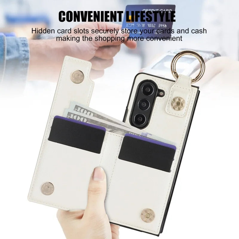 Ring Leather Zipper Wallet Card Slot Phone Case for Samsung Galaxy Z Fold 7 6 5 4 3 Shock Proof Flip Purse Holder Cover Hoesje