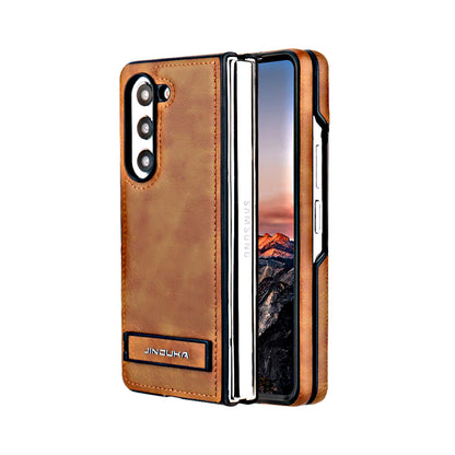 Z Fold 6 Electroplated Frame Bracket flip Leather cell Phone Case for Samsung Galaxy Z Fold 6 5 4 3 Anti Fingerprint Back Cover