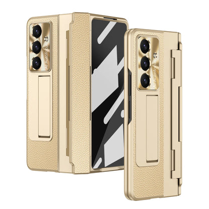 For Samsung Galaxy Z Fold 7 6 5 4 5G With Screen Protect Glass Film Luxury Leather One-Piece Plating Stand Hinge Shockproof Case
