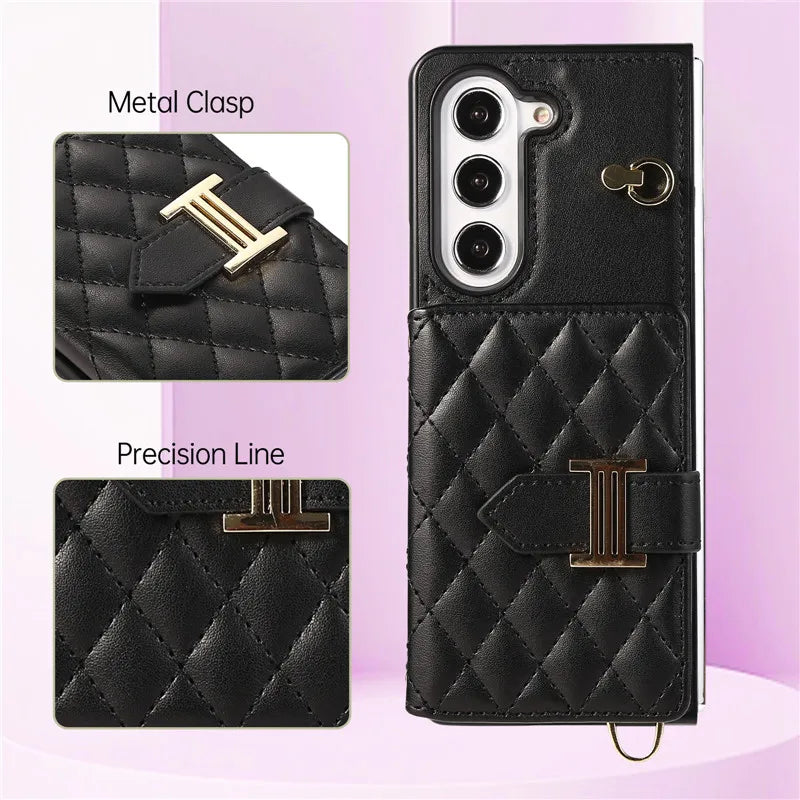Crossbody Lanyard Leather Wallet Card Phone Case for Samsung Galaxy Z Fold 7 6 5 4 3 Fold6 Fold5 Fold4 Fold3 Wrist Rope Cover