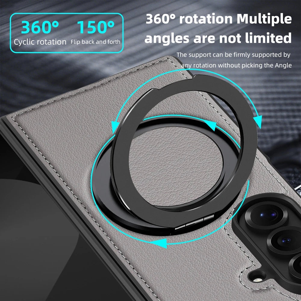 Ring Stand Magsafe Leather Case For Samsung Galaxy Z Fold 7 6 5 4 3 Z Fold7 Phone Case Magnetic Phone Cover Wireless Charging
