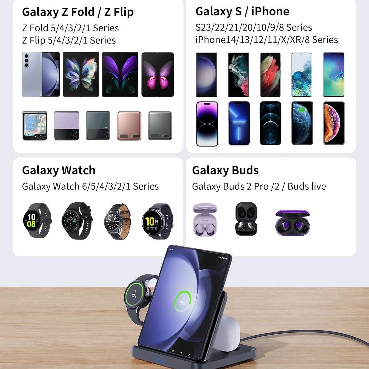 Foldable Wireless Charger 3 in 1  Stand  for Galaxy Watch Buds