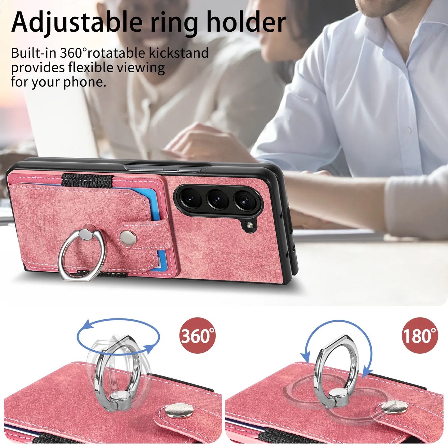 Z Fold 7 Retro Pu Leather Phone Case for Samsung Galaxy Z Fold 6 5 4 3 Magnetic Hardware Ring&buckle Card Slot Bag Bracket Cover