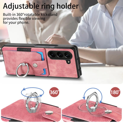Z Fold 7 Retro Pu Leather Phone Case for Samsung Galaxy Z Fold 6 5 4 3 Magnetic Hardware Ring&buckle Card Slot Bag Bracket Cover