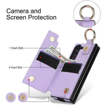 Ring Leather Zipper Wallet Card Slot Phone Case for Samsung Galaxy Z Fold 7 6 5 4 3 Shock Proof Flip Purse Holder Cover Hoesje