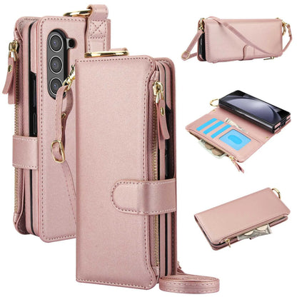 ZFold 7 Pu Leather Crossbody Phone Case for Samsung Galaxy Z Fold 7 6 5 4 3 Ring&Wrist Strap&Long Rope&Zipper Card Wallet Cover