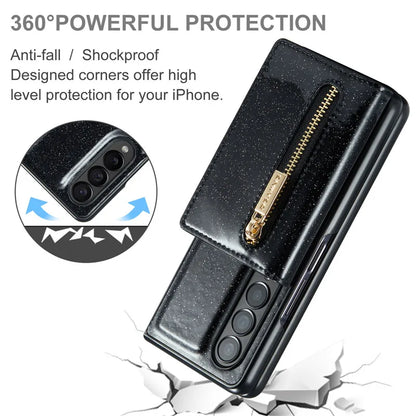Glitter Magnetic Leather Zip Wallet Phone Case For Samsung Galaxy Z Fold 5 4 3